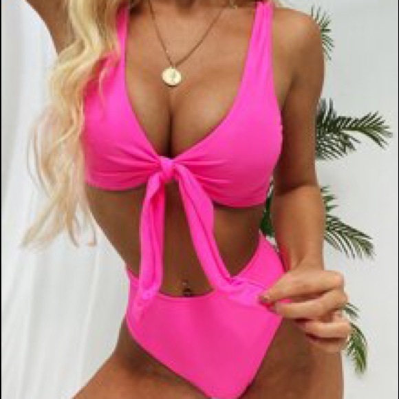 Pink high waist bikini / ribbed bikini / hot pink bikini - Picture 2 of 2